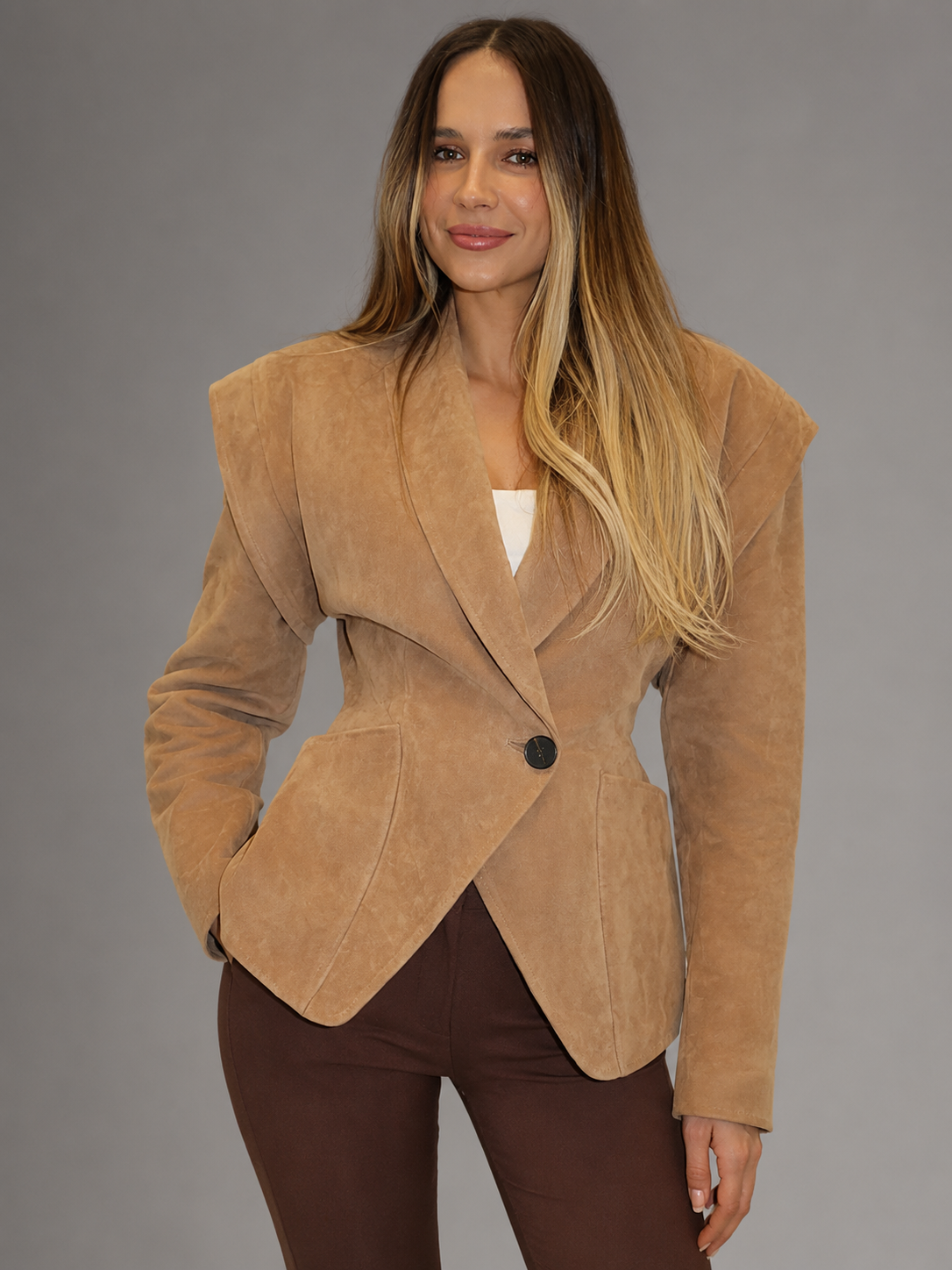 Women's Suede-Look Structured Shoulder Blazer Tan