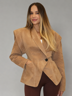 Women's Suede-Look Structured Shoulder Blazer Tan