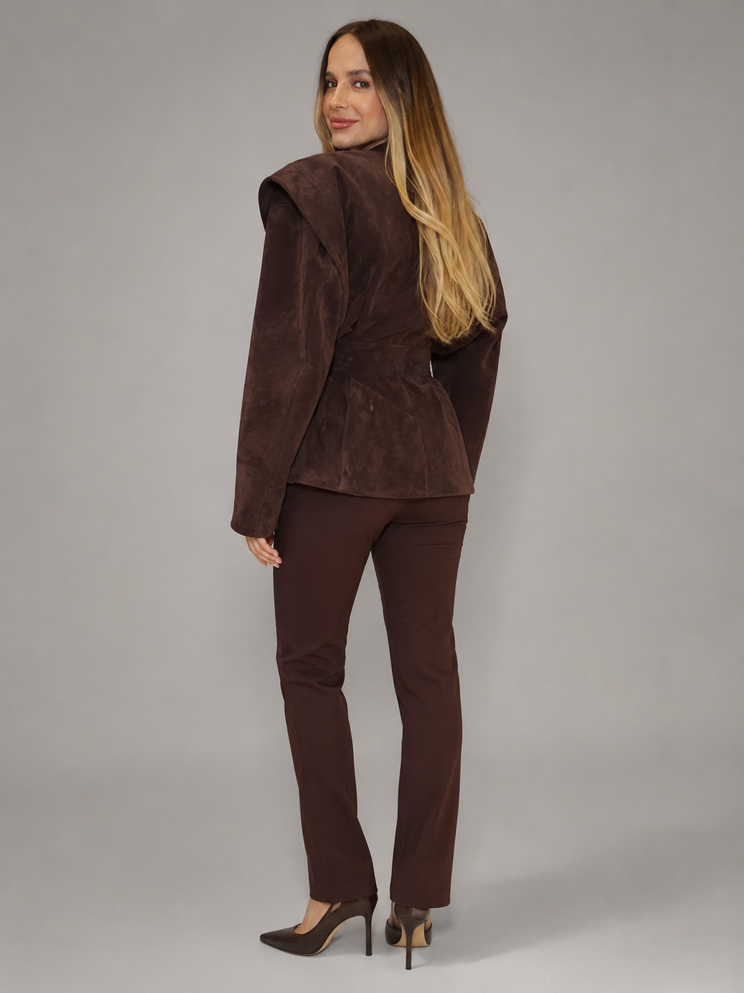 Women's Suede-Look Structured Shoulder Blazer Tan