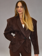 Women's Suede-Look Structured Shoulder Blazer Tan