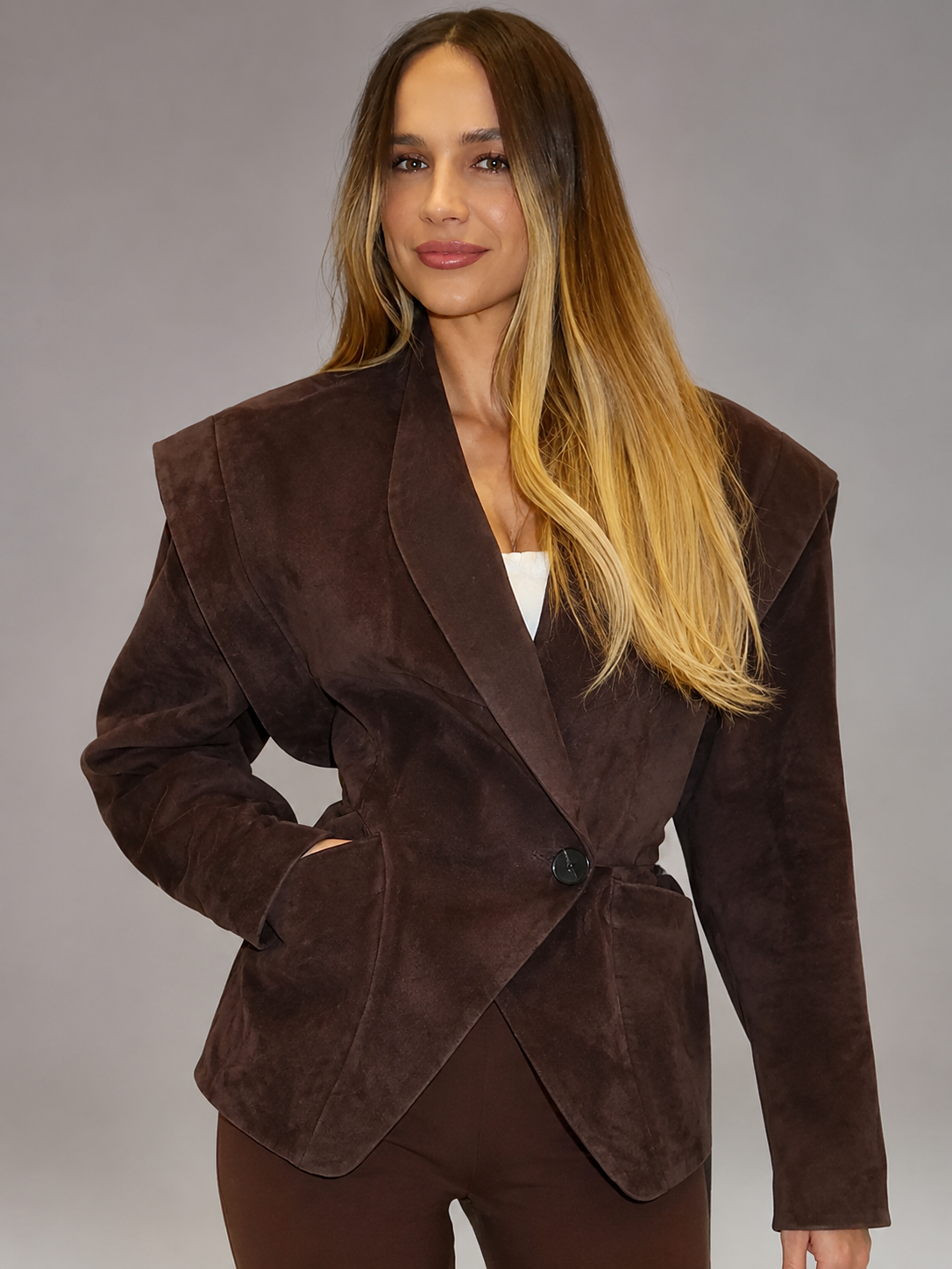 Women's Suede-Look Structured Shoulder Blazer Tan