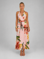 Floral Satin V Neck Maxi Dress Wedding Guest