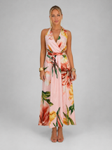 Robe longue en satin à col en V et imprimé floral pour invité de mariage