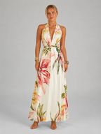 Floral Satin V Neck Maxi Dress Wedding Guest