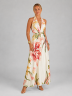 Floral Satin V Neck Maxi Dress Wedding Guest