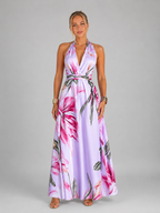 Floral Satin V Neck Maxi Dress Wedding Guest