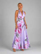 Floral Satin V Neck Maxi Dress Wedding Guest