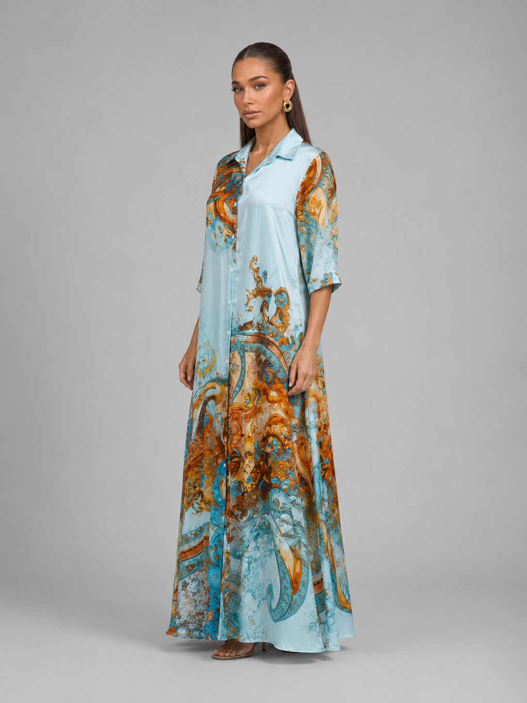 Vestido largo de verano con estampado barroco y botones delanteros para mujer