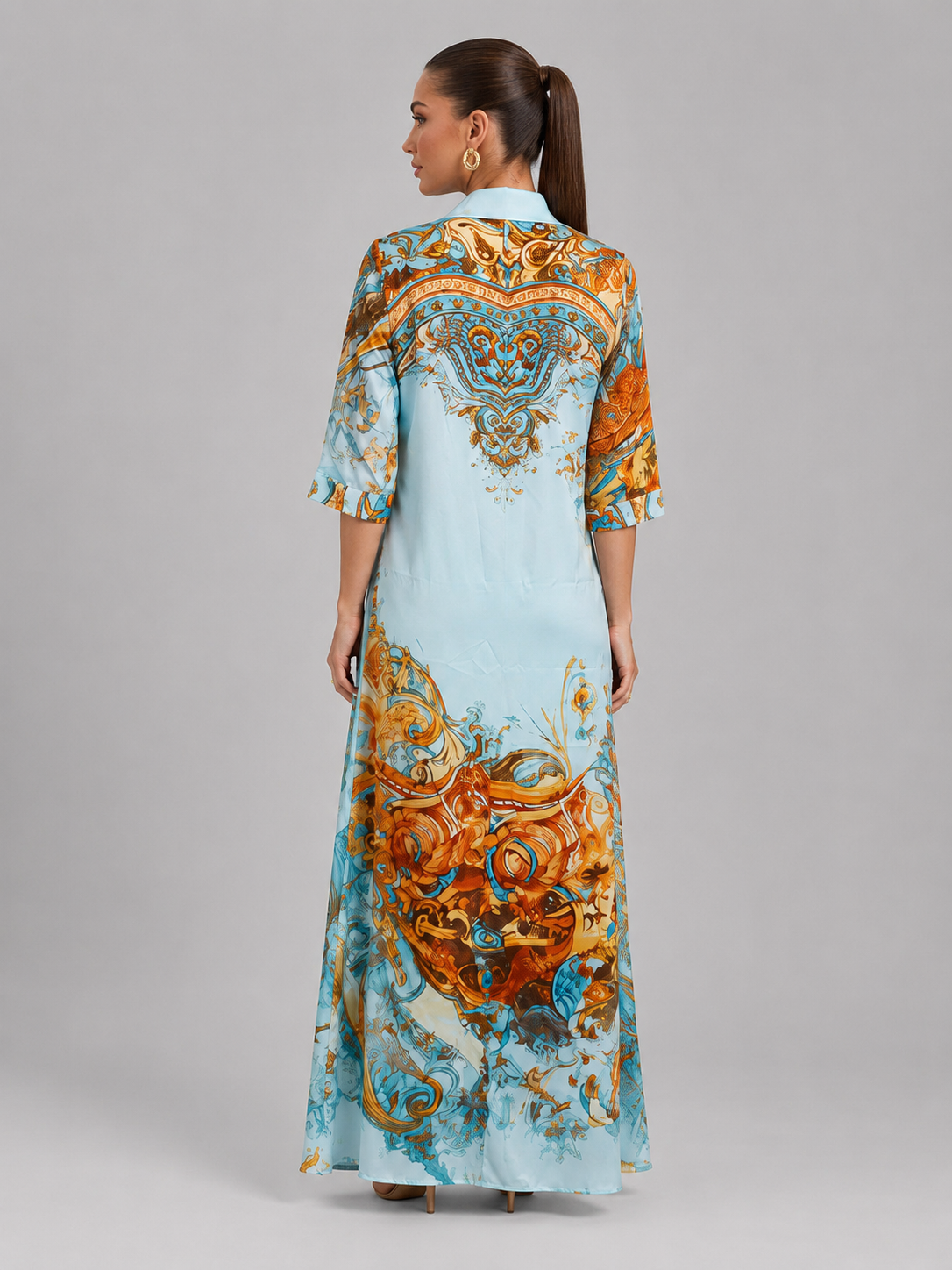Vestido largo de verano con estampado barroco y botones delanteros para mujer