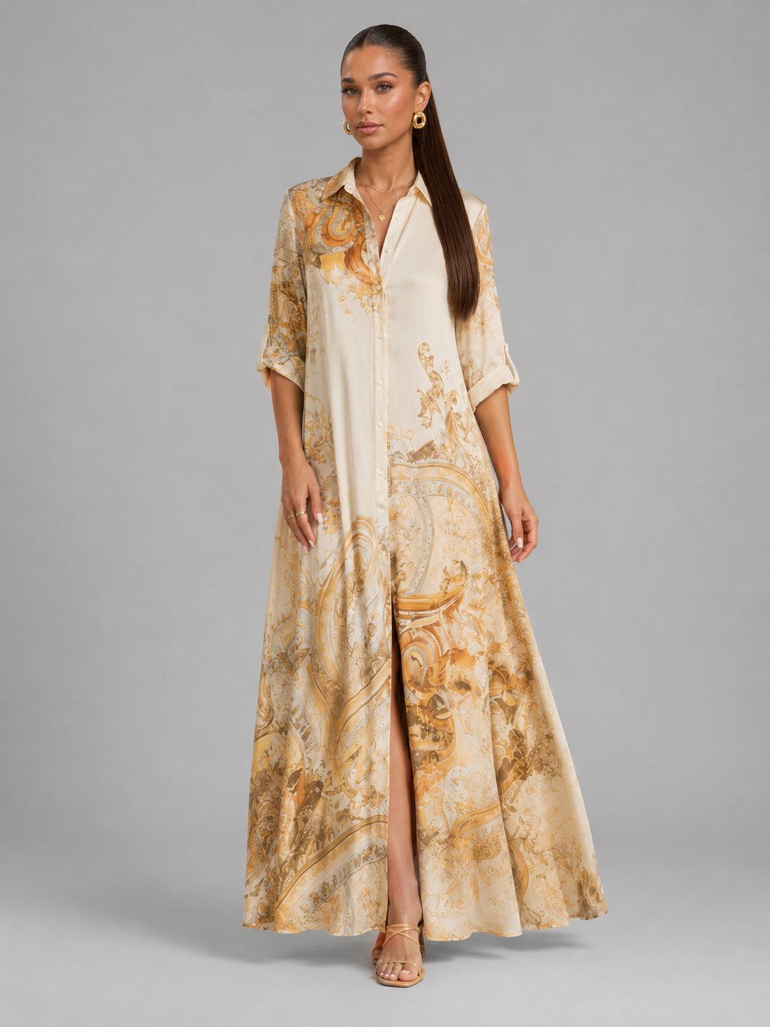 Vestido largo de verano con estampado barroco y botones delanteros para mujer