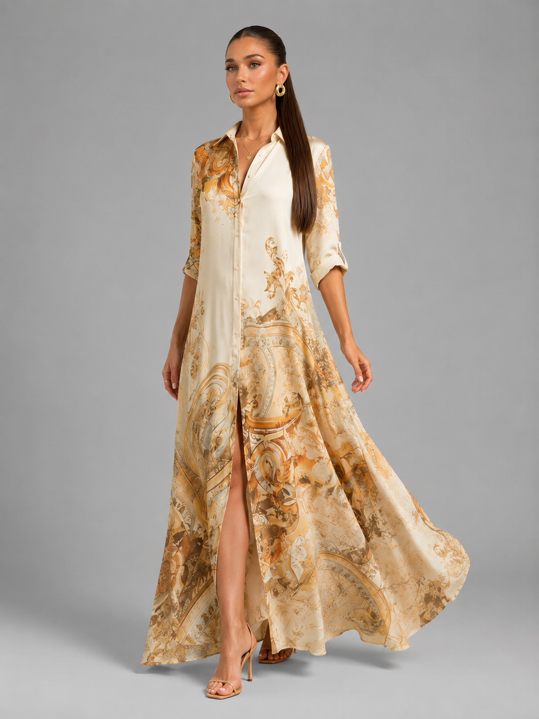 Vestido largo de verano con estampado barroco y botones delanteros para mujer