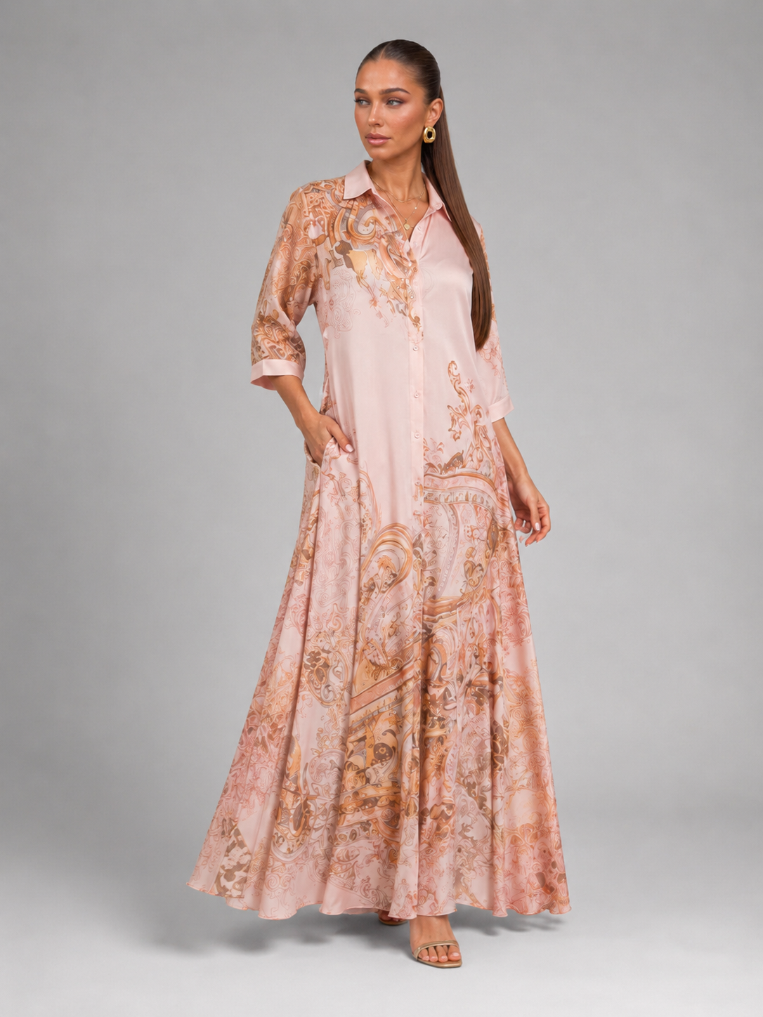 Vestido largo de verano con estampado barroco y botones delanteros para mujer