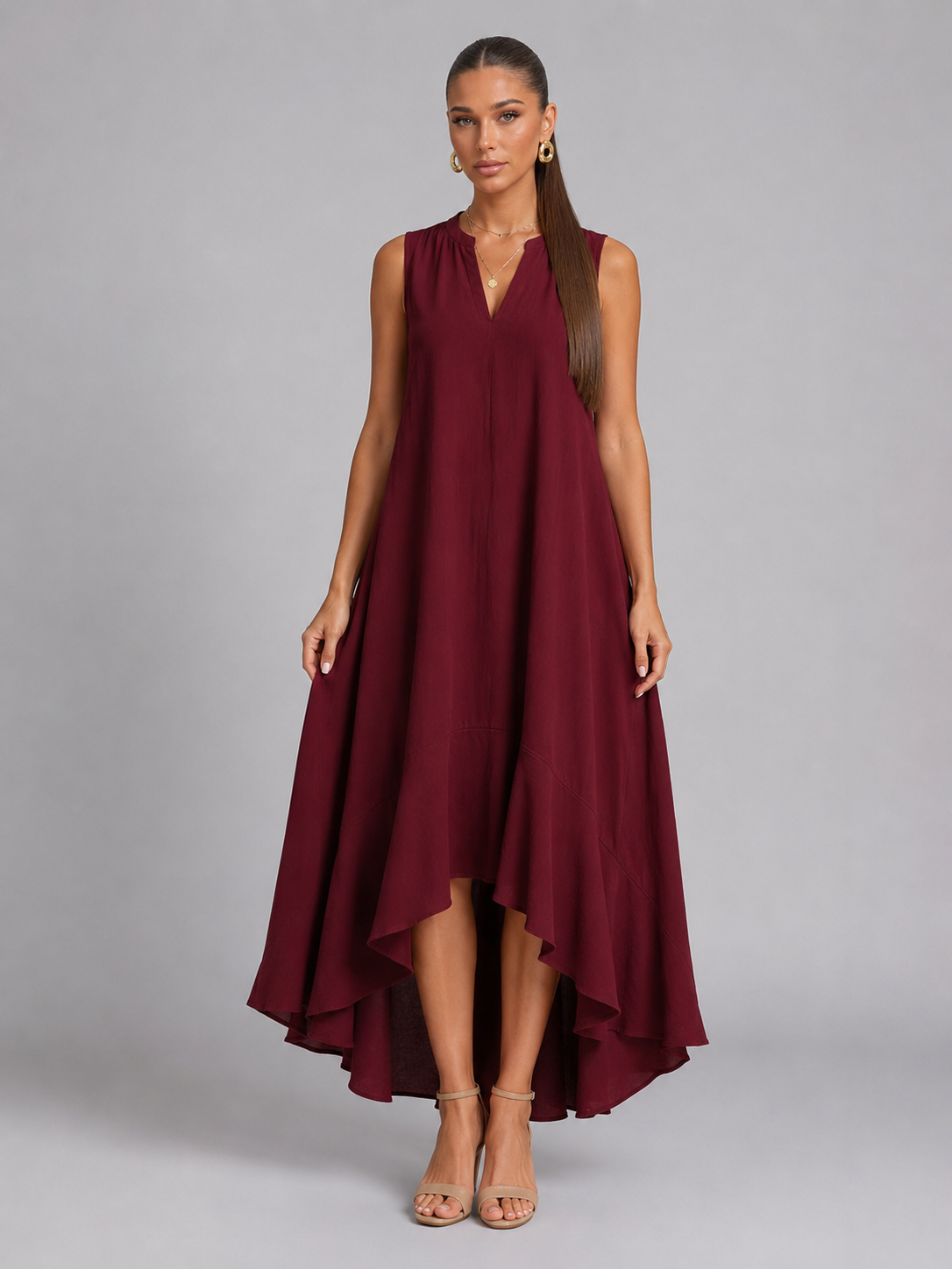 Robe longue fluide à col en V et ourlet asymétrique été femme