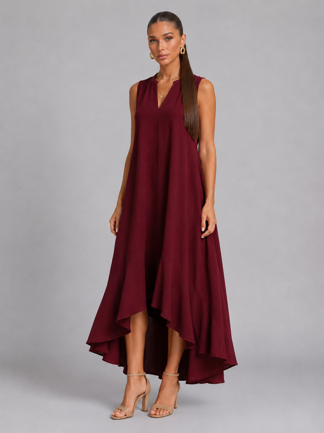 Robe longue fluide à col en V et ourlet asymétrique été femme