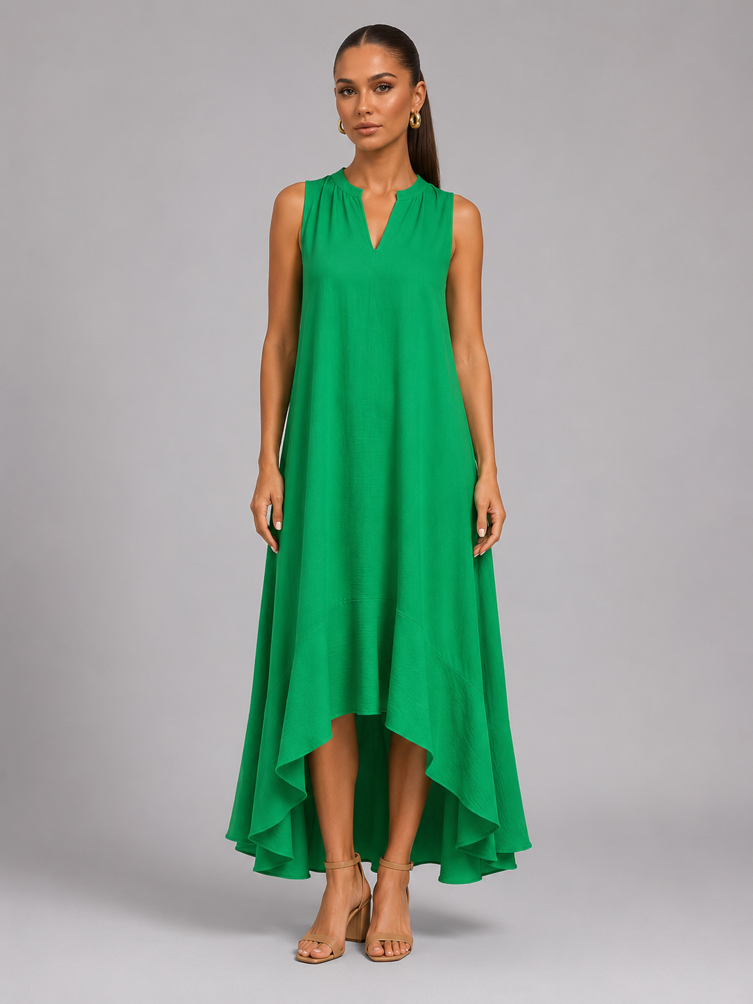 Robe longue fluide à col en V et ourlet asymétrique été femme