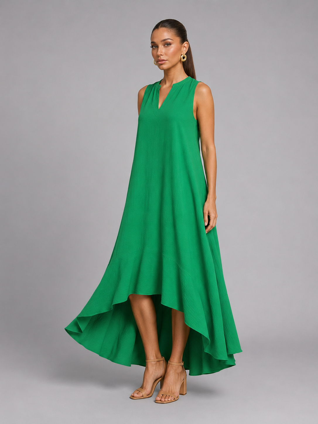 V Neck Asymmetric Hem Flowy Maxi Dress Summer Women