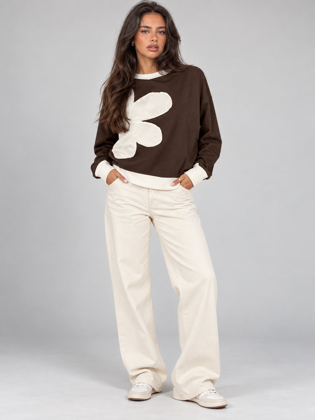 Women's Flower Patch Sweatshirt | Drop Shoulder Raw Edge Top