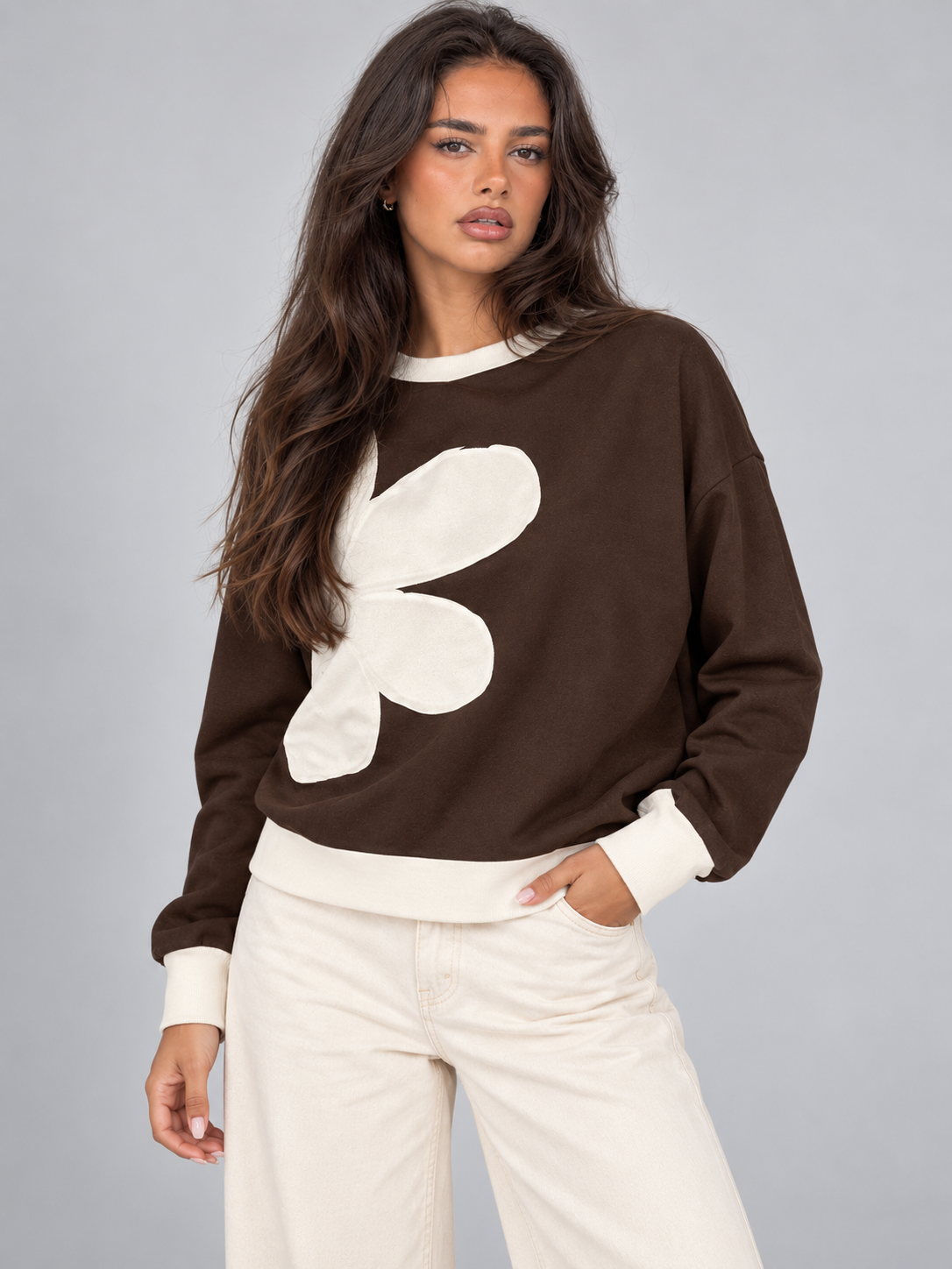 Women's Flower Patch Sweatshirt | Drop Shoulder Raw Edge Top