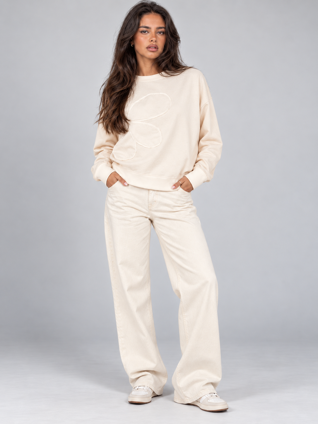 Women's Flower Patch Sweatshirt | Drop Shoulder Raw Edge Top