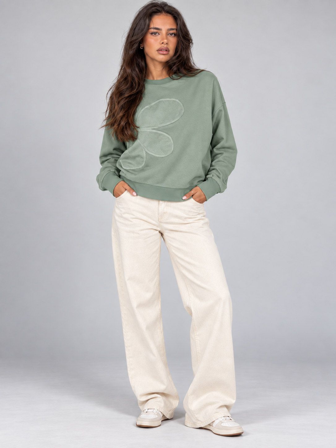Women's Flower Patch Sweatshirt | Drop Shoulder Raw Edge Top