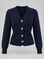 Women's Cable Knit Button Cardigan | Gold Button V-Neck Preppy Knit