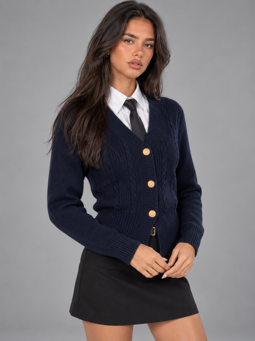 Women's Cable Knit Button Cardigan | Gold Button V-Neck Preppy Knit