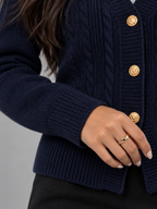 Women's Cable Knit Button Cardigan | Gold Button V-Neck Preppy Knit