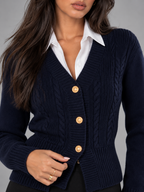 Women's Cable Knit Button Cardigan | Gold Button V-Neck Preppy Knit