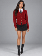Women's Cable Knit Button Cardigan | Gold Button V-Neck Preppy Knit