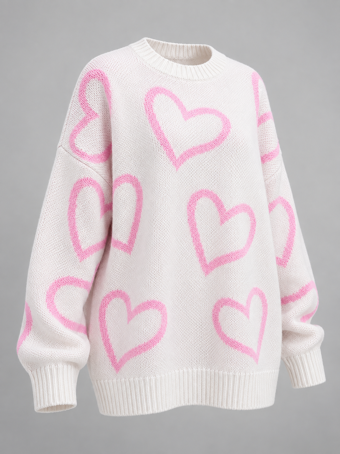 Women's Heart Print Oversized Jumper | Slouchy Crew Neck Knit