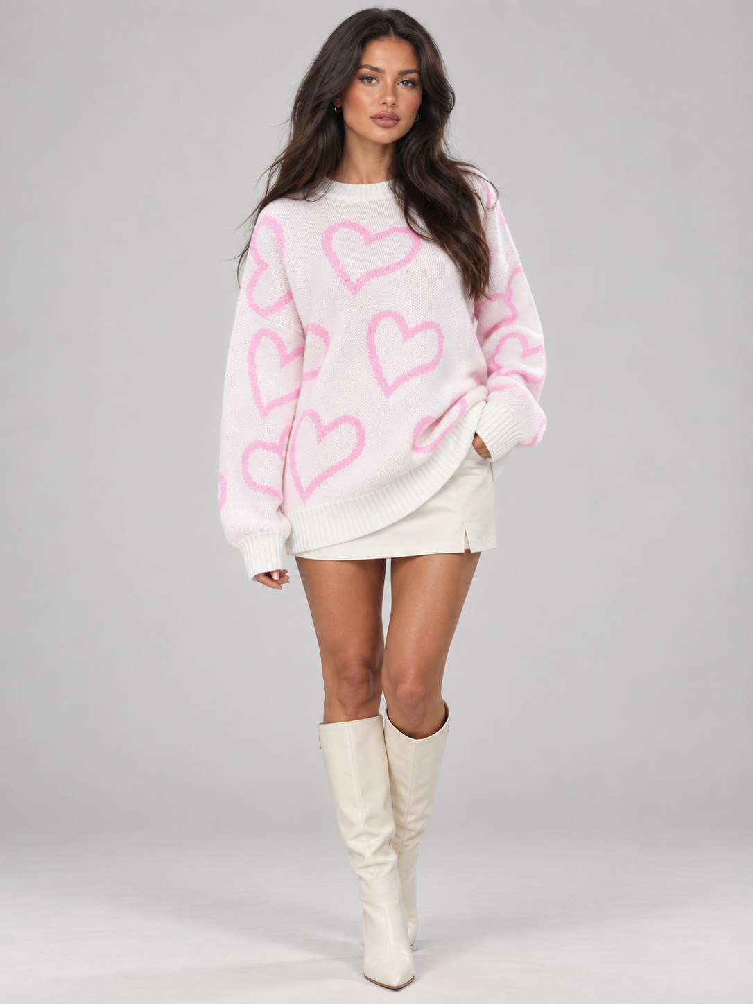 Women's Heart Print Oversized Jumper | Slouchy Crew Neck Knit