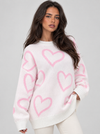 Women's Heart Print Oversized Jumper | Slouchy Crew Neck Knit