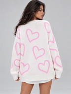 Women's Heart Print Oversized Jumper | Slouchy Crew Neck Knit