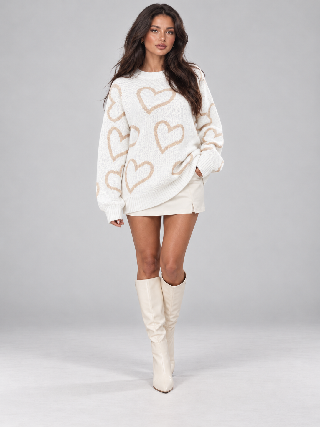 Women's Heart Print Oversized Jumper | Slouchy Crew Neck Knit