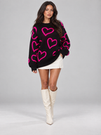 Women's Heart Print Oversized Jumper | Slouchy Crew Neck Knit