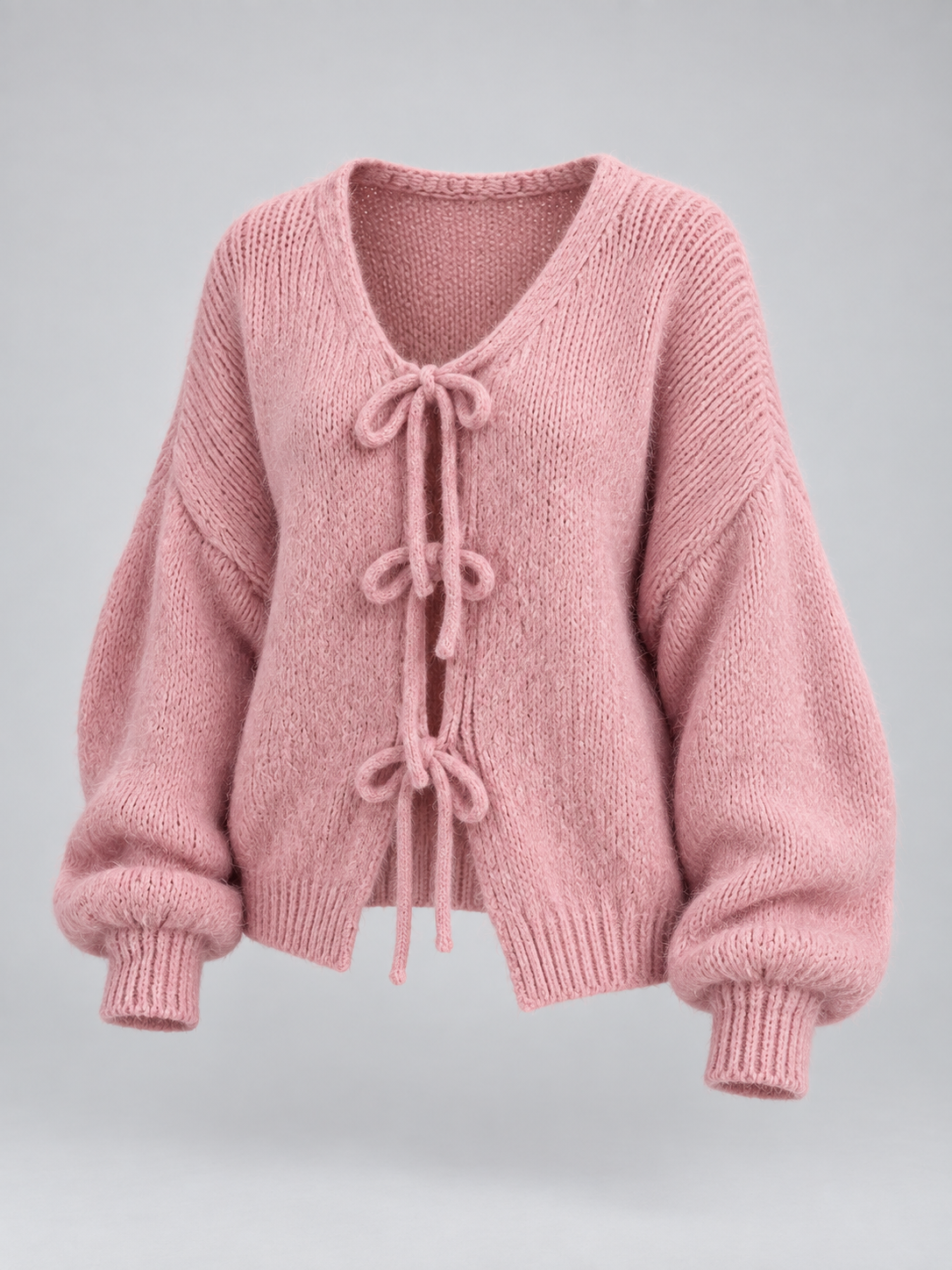 Women's Tie Front Knit Cardigan | Balloon Sleeve Open Knit
