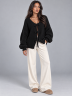 Women's Tie Front Knit Cardigan | Balloon Sleeve Open Knit
