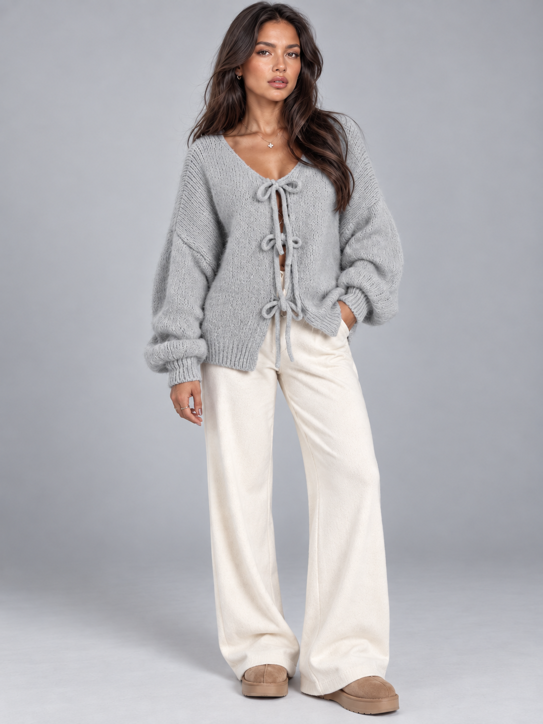 Women's Tie Front Knit Cardigan | Balloon Sleeve Open Knit
