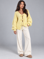Women's Tie Front Knit Cardigan | Balloon Sleeve Open Knit