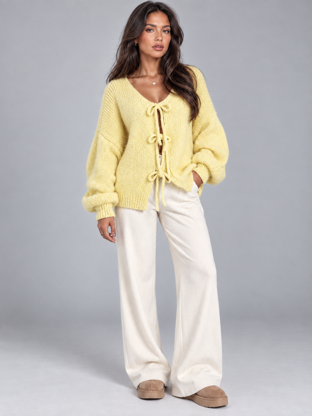 Women's Tie Front Knit Cardigan | Balloon Sleeve Open Knit