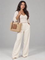 Women's Woven Straw Tote Bag | Leather Trim Basket Bag