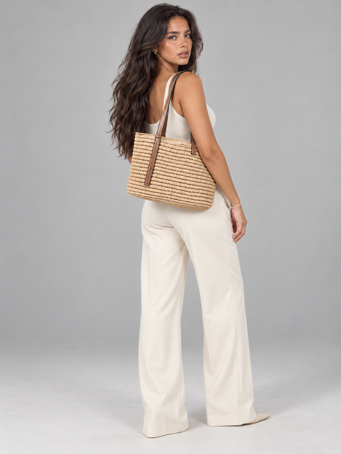 Women's Woven Straw Tote Bag | Leather Trim Basket Bag