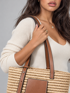 Women's Woven Straw Tote Bag | Leather Trim Basket Bag