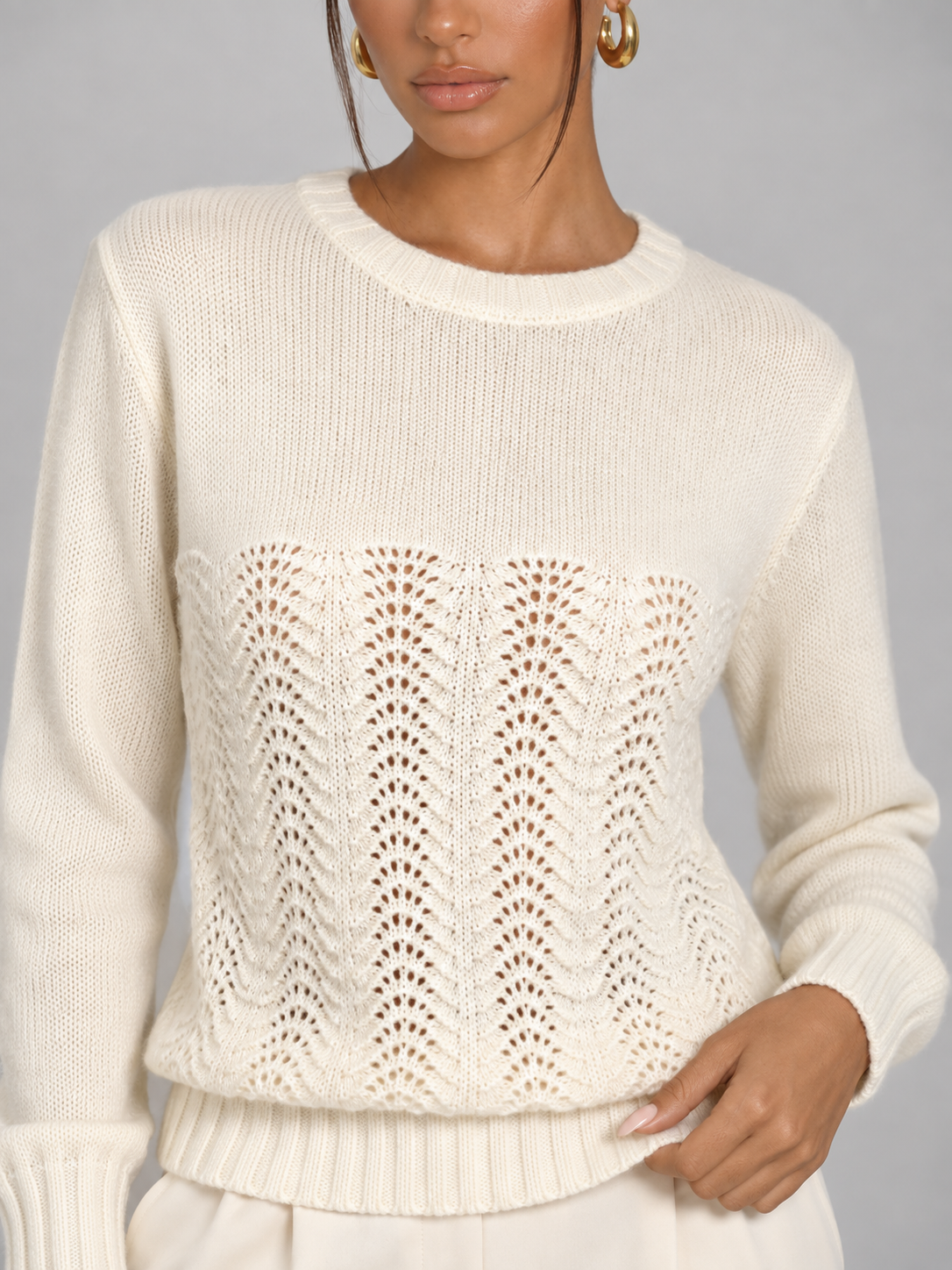 Women's Pointelle Knit Jumper | Crew Neck Open Stitch Sweater