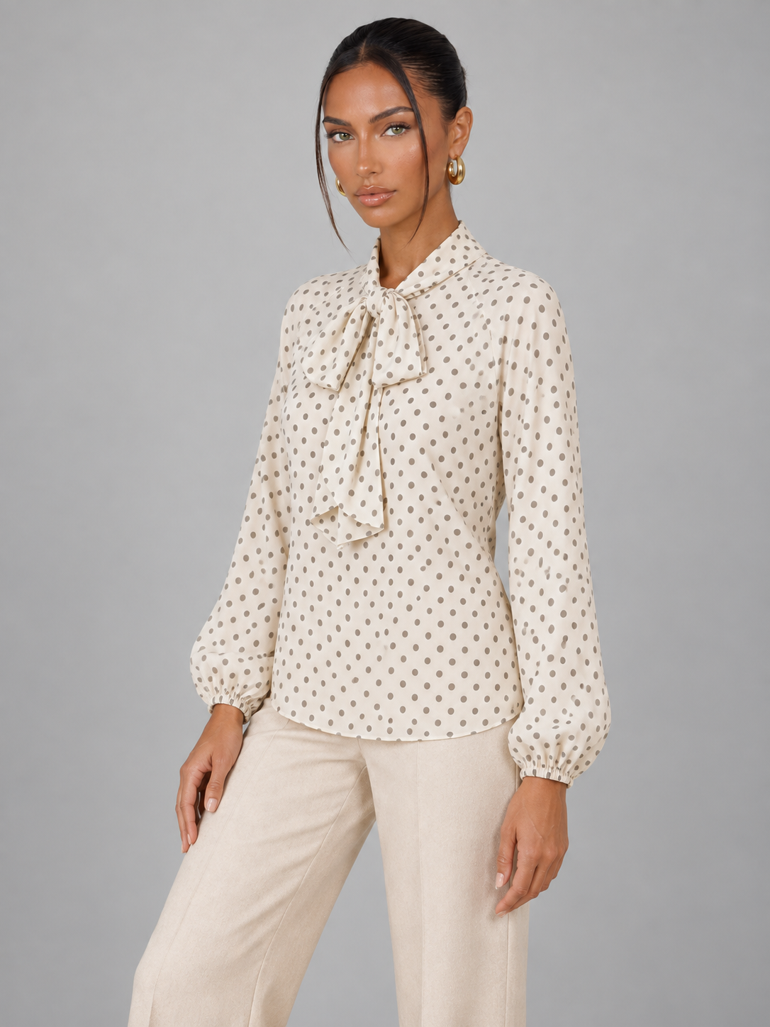 Women's Polka Dot Pussy Bow Blouse | Long Sleeve Tie Neck Top