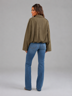 Faux suede oversized shirt jacket – styled layered look – Nude & Nero