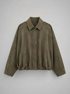 Faux suede oversized shirt jacket – side view – Nude & Nero