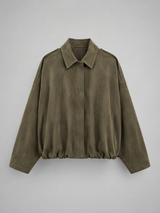 Faux suede oversized shirt jacket – side view – Nude & Nero