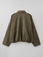 Faux suede oversized shirt jacket – detail of collar and buttons – Nude & Nero