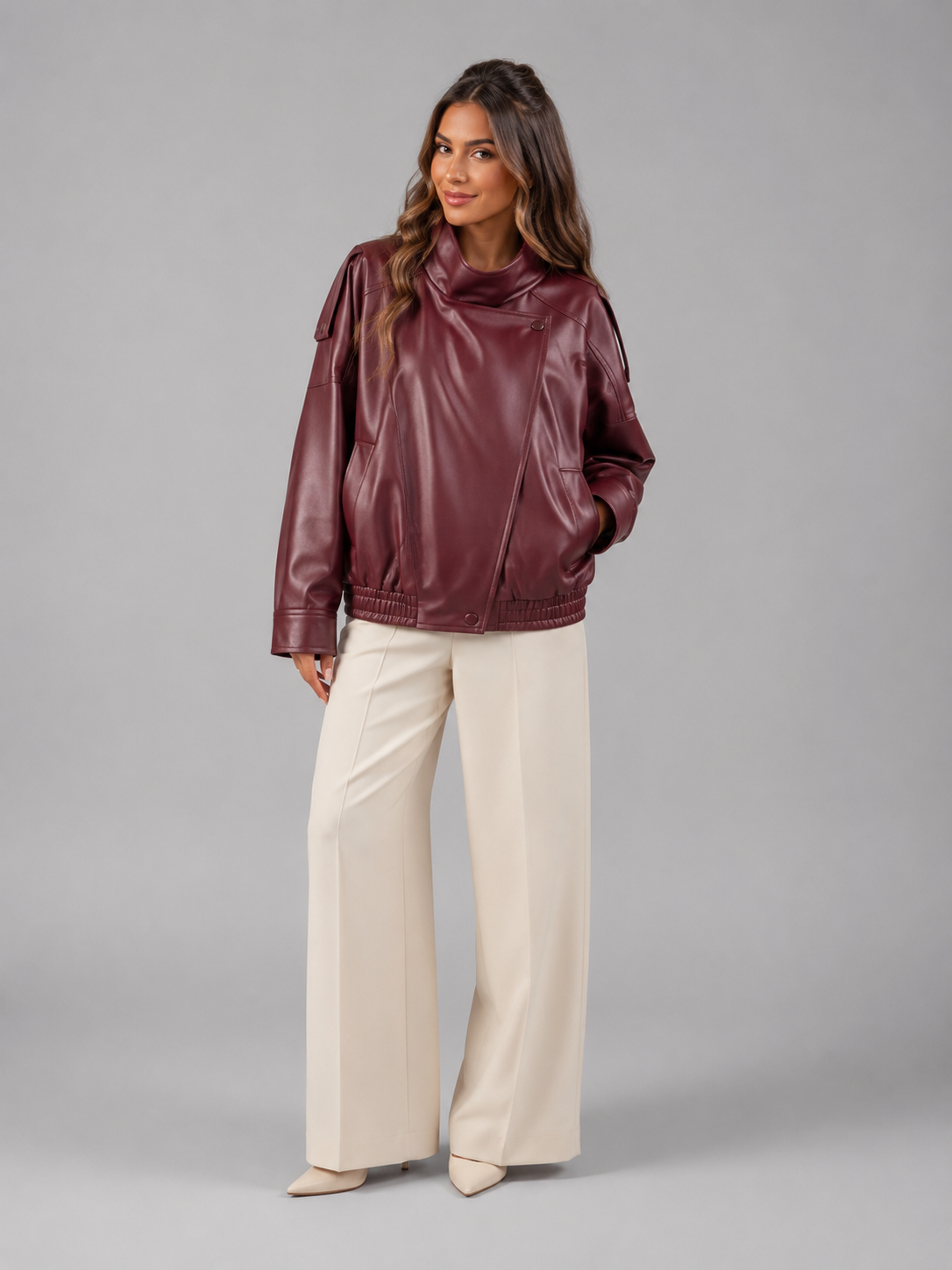 Faux leather bomber jacket – front view – Nude & Nero